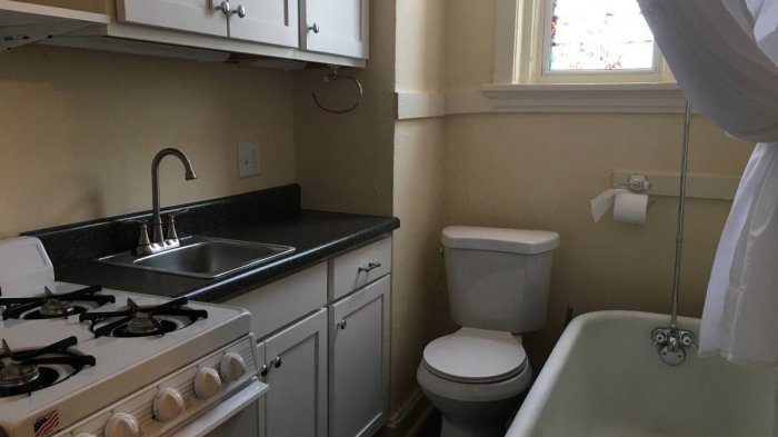 Lavar la loza y orinar a la vez: Ofrecen departamento con el baño en la cocina