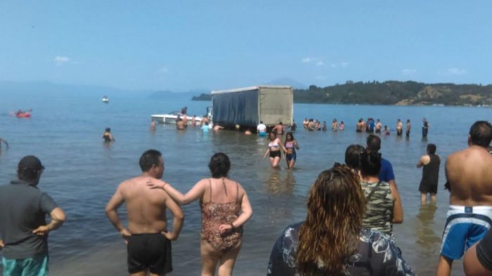 Asustó a veraneantes: Camión con problemas en los frenos terminó al interior del lago Llanquihue