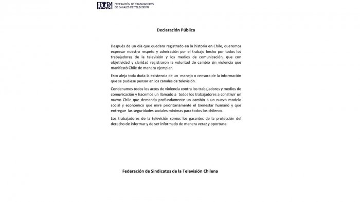 Sindicatos de tv expresaron su respeto por la cobertura realizada durante la “Marcha más grande de Chile”