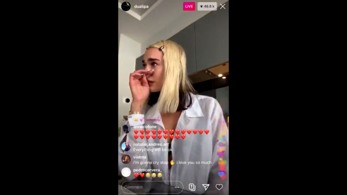 Dua Lipa rompió en llanto en su Instagram Live al enterarse que le filtraron 