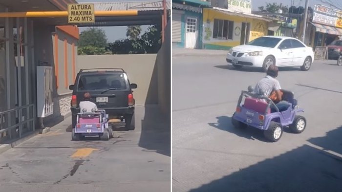 No le vendieron pizza por llegar a pie y volvió en un auto de juguete