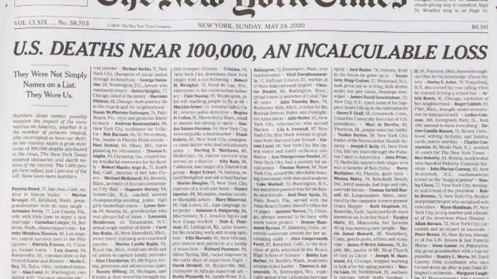 Mil obituarios: La emotiva portada de The New York Times con los nombres de fallecidos por COVID-19