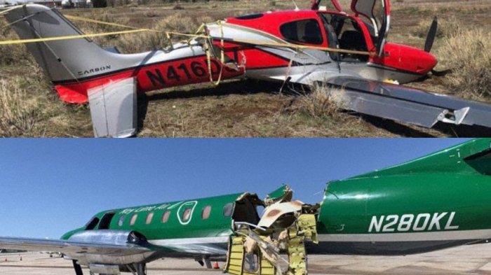 Grave colisión de avionetas: Una de ellas tuvo que aterrizar sin parte del techo y la otra con paracaídas