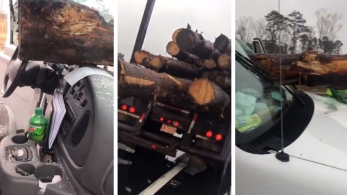 De película: Auto recibió el impacto de un tronco de madera que cayó del camión que iba delante