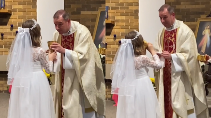 Niña se tomó prácticamente toda la copa de vino en su primera comunión