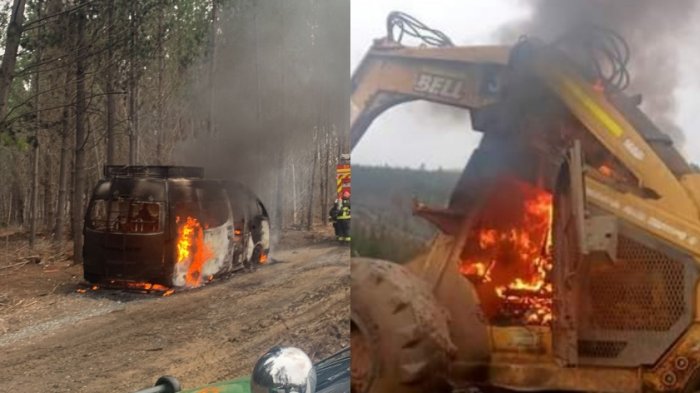 Encapuchados queman tres maquinarias y un minibús de faena forestal en Lumaco