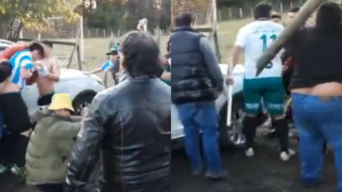 Se lanzaron hasta troncos: Captan violenta pelea en partido de fútbol amateur en el Biobío