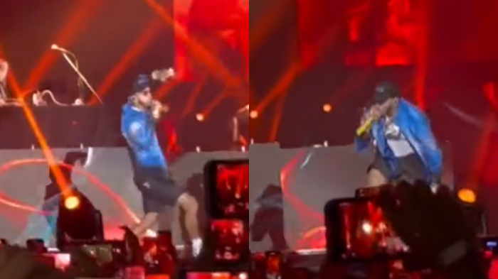 Se resbaló: Anuel AA sufre fuerte caída en pleno concierto en México