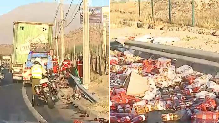 Todo desparramado: Camión de bebidas volcó su carga en Costanera Norte y chofer fue detenido