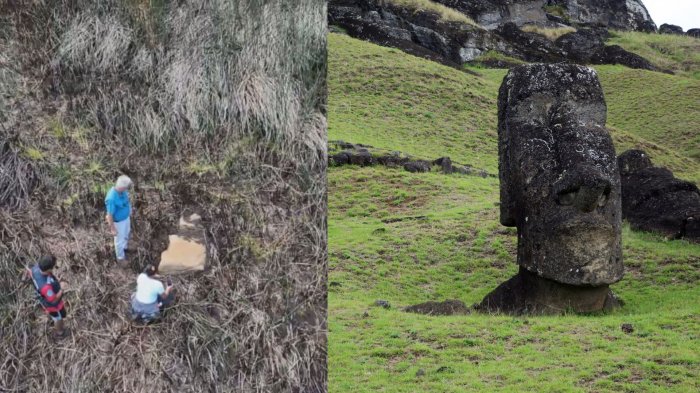 Hallazgo en Rapa Nui: Descubren nuevo moai en el lecho de un lago seco en el volcán Rano Raraku