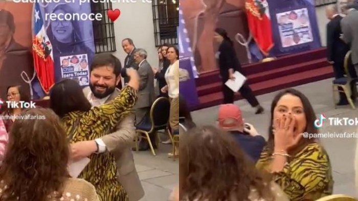 ¡Quedó en shock! La sorprendida reacción de Pamela Leiva por abrazo del pdte. Boric en actividad del 8M
