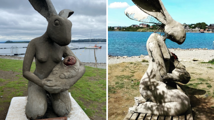 Llamativa escultura de conejo a tamaño humano en Puerto Varas encendió el debate: 