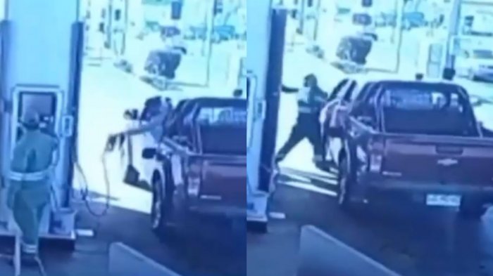 Captan pelea a golpes en servicentro: Conductor intentó escapar sin pagar y su auto se detuvo de imprevisto