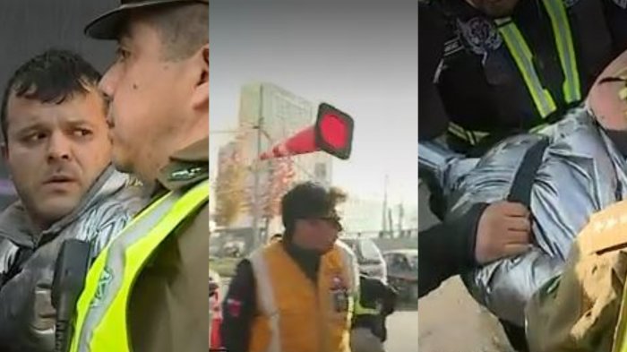 Captan detención de sujeto que lanzó un cono a carabineros por fiscalización: No tenía permiso de circulación