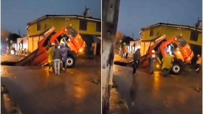 ¡Impactantes imágenes! Camión cayó a socavón provocado por lluvias en plena calle en El Bosque