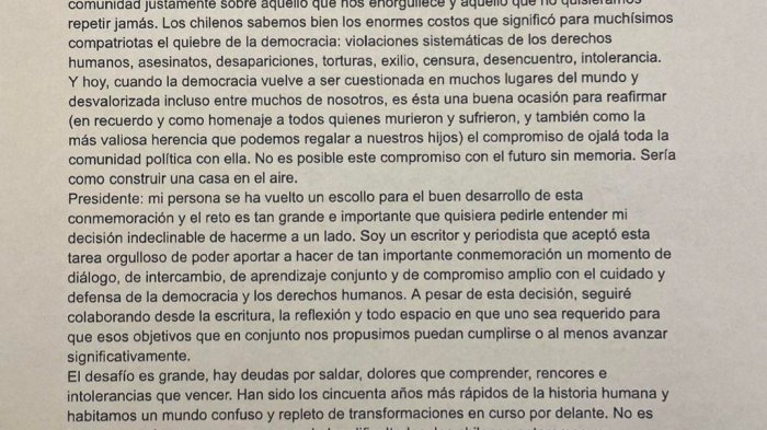 La carta de renuncia que envió Patricio Fernández al pdte. Boric: 