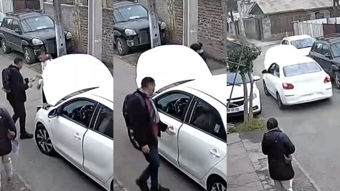 Los distrajo pidiendo vaso con agua: Cámaras captaron a sujeto que huyó con auto durante falsa compra