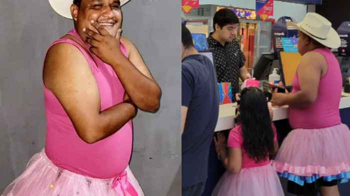 ¡Premio al papá más motivado! Se vistió con tutú rosado para ir a ver Barbie con su hija