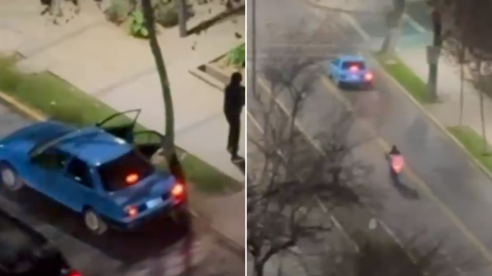 Huyeron en llamativo auto: Captan momento exacto en que delivery fue víctima de asalto en Providencia