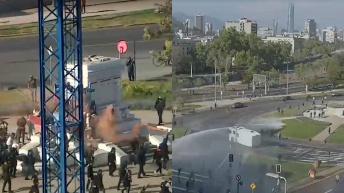 Carabineros utilizó carro lanzaaguas en Plaza Italia por incidentes en conmemoración del 18-O