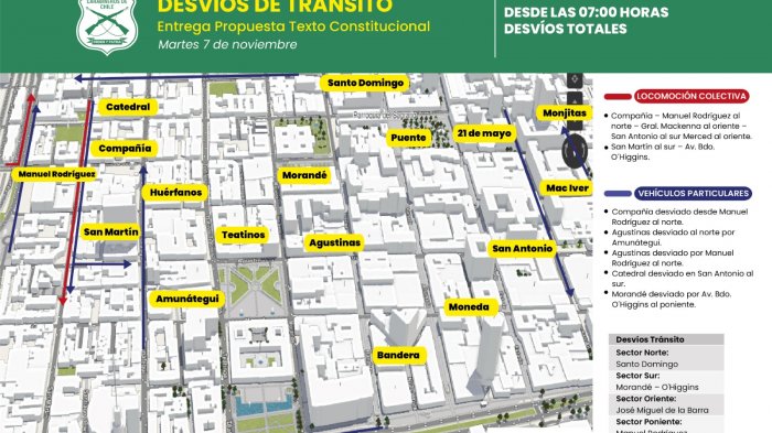 Revisa los desvíos de tránsito por entrega de propuesta constitucional: Se extenderán por 3 horas