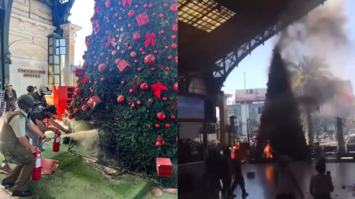 Trataron de quemar el árbol de Navidad de Estación Central en medio de desórdenes