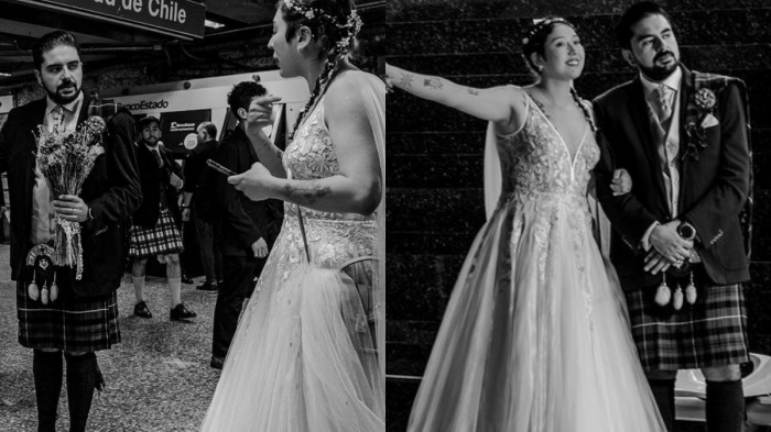 Pareja se hizo viral al viajar en Metro tras contraer matrimonio en el centro de Santiago
