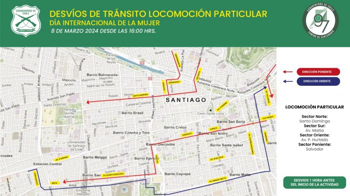 8M: Estos son los cortes y desvíos del tránsito en Santiago por marcha del Día de la Mujer