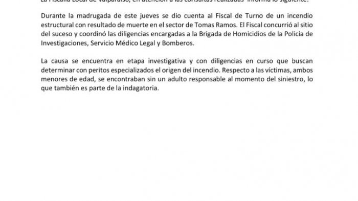 Fiscalía de Valparaíso confirmó que niños fallecidos en incendio estaban “sin adulto responsable”