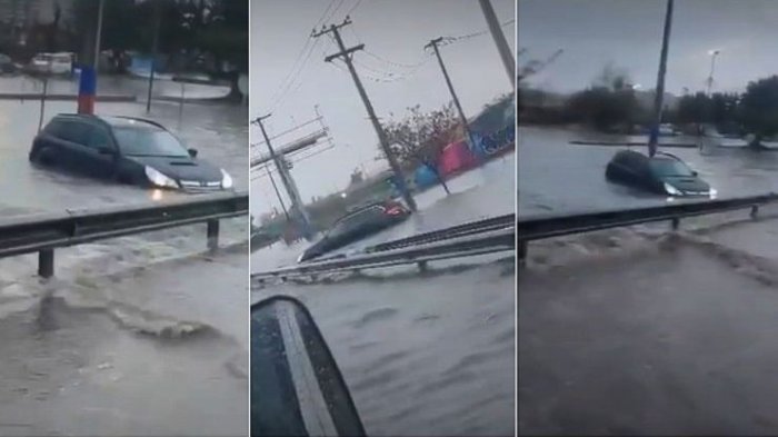 Auto quedó atrapado en Ruta 5 Sur por intensas lluvias: “Los que conocen aquí...”