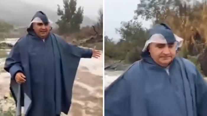 Arriesgada acción: Alcalde fue alcanzado por el agua mientras transmitía en vivo desde quebrada