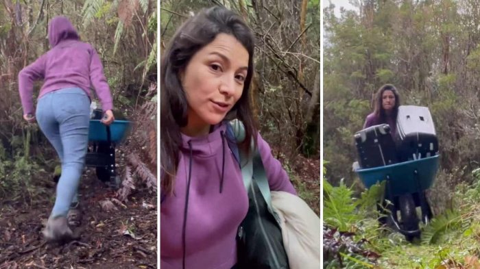 Con dura caída incluida: Loreto Aravena mostró larga “odisea” para llegar a su casa sustentable en Chiloé