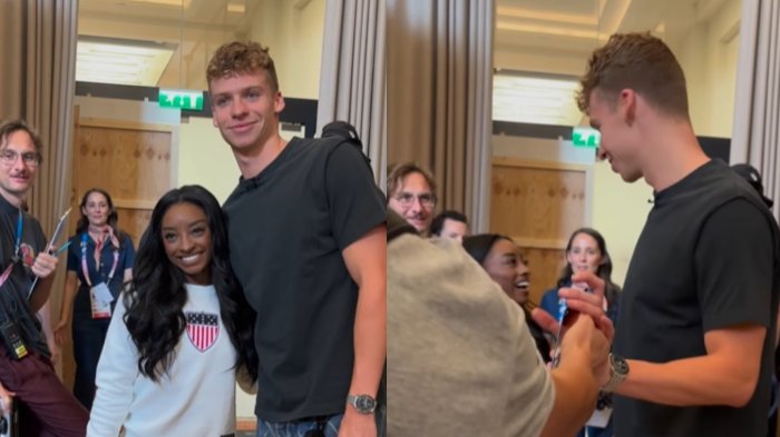 Así fue el momento en que Simone Biles y Léon Marchand se sacaron una selfie juntos en París 2024