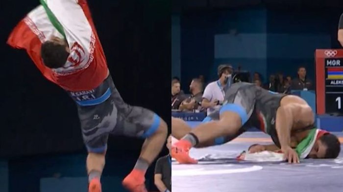 De cara al piso: Iraní quedó en vergüenza al intentar celebrar su oro olímpico con pirueta