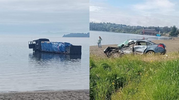 Camión sin frenos chocó violentamente con automóvil en Frutillar: Vehículo quedó flotando en lago Llanquihue