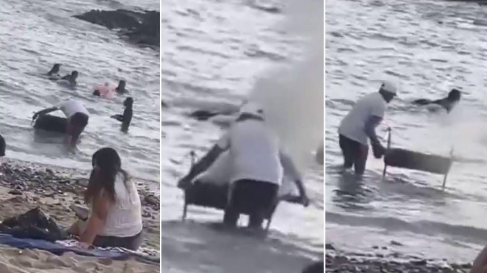 “Qué terrible”: Graban a hombre apagando una parrilla en pleno mar de playa de Iquique