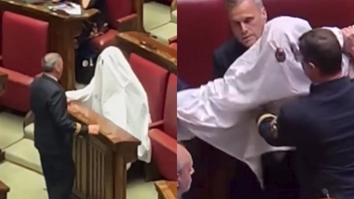 Fue expulsado con guardias: Diputado italiano irrumpe en sesión del parlamento disfrazado de fantasma
