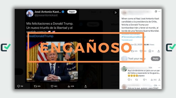 Engañoso: Mensaje de José Antonio Kast felicitando a Donald Trump no es tras los recientes ataques a Irán, es de 2024