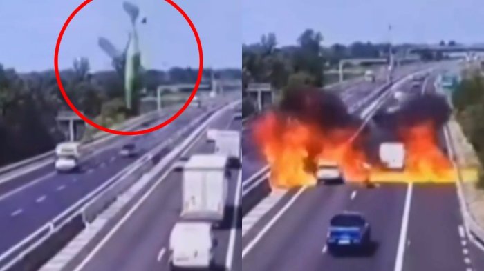 Captan momento exacto de fatal accidente aéreo en plena carretera de Italia