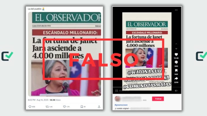 Es falsa la portada de El Observador de Uruguay sobre el patrimonio de Jeannette Jara