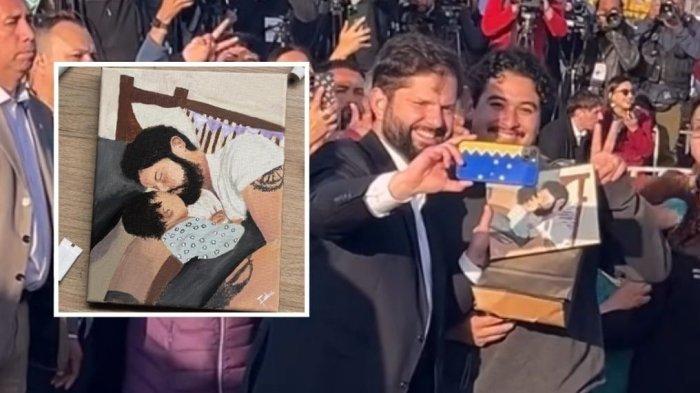 VIDEO | Hasta le pidió foto: Artista emocionó al pdte. Boric con especial regalo en la Pampilla