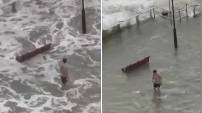 VIDEO | Arriesgada conducta: Hombre ingresó al mar en pleno supertifón en Hong Kong