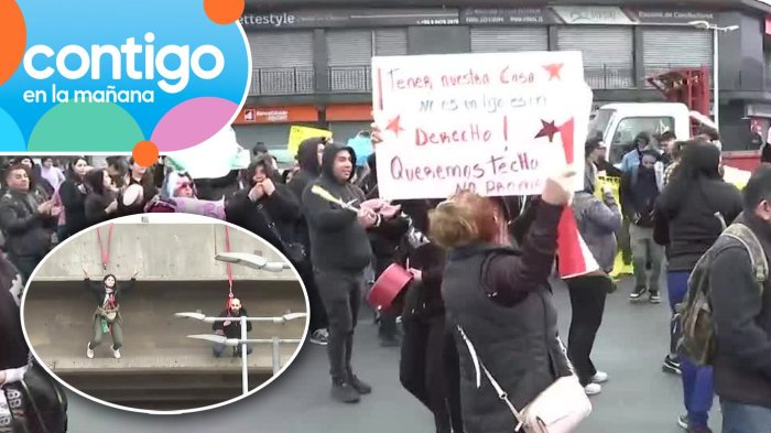 Arriesgada manifestación: Personas se cuelgan desde paso sobre nivel en rotonda Grecia