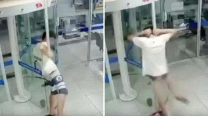 VIDEO | Ladrón queda atrapado en puerta giratoria tras intentar robar cajero en Brasil