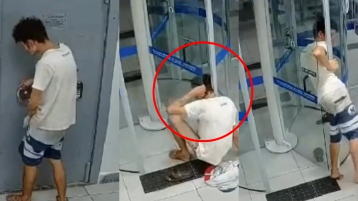 VIDEO | Insólito: Captan a ladrón atrapado en puerta giratoria en pleno intento de robo a banco