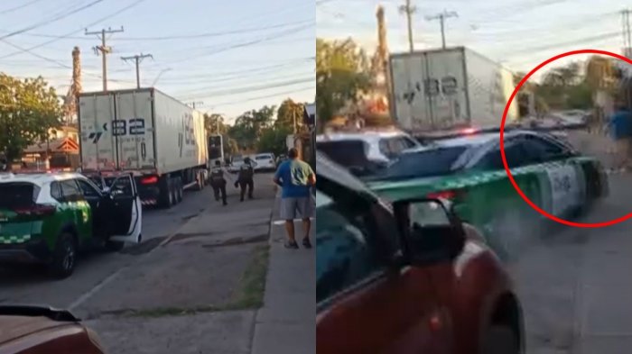 “¡Cuidado, vecino!”: Captan segundos críticos en persecución a camión robado con millonaria carga