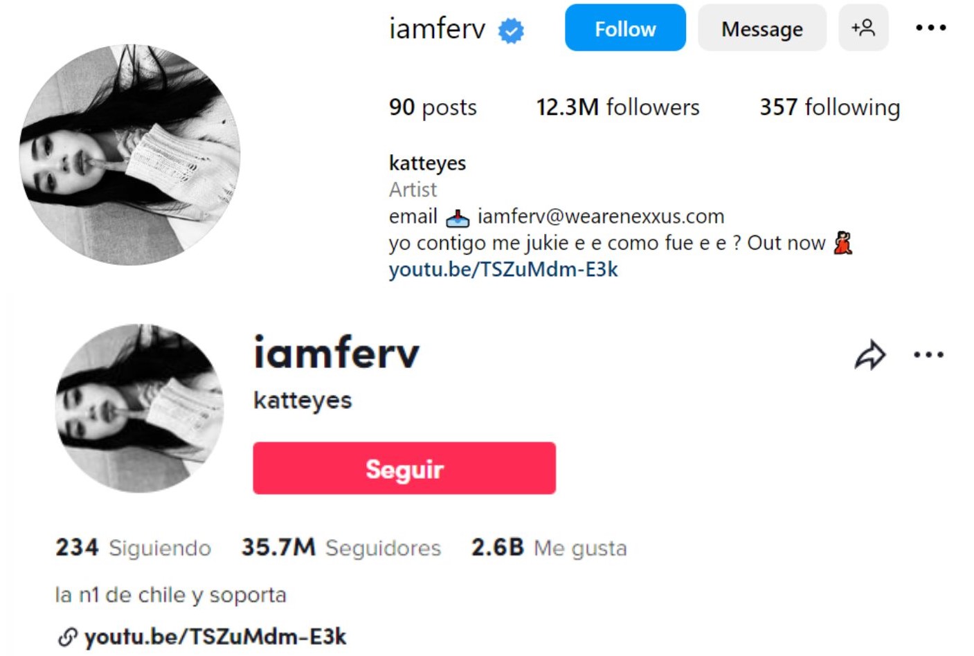 Captura de pantalla de cuentas de Iamferv en Instagram y Tik Tok