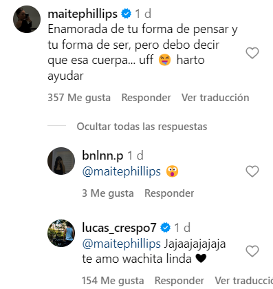 Comentarios de Maite Phillips y Lucas Crespo. Fuente: Instagram.
