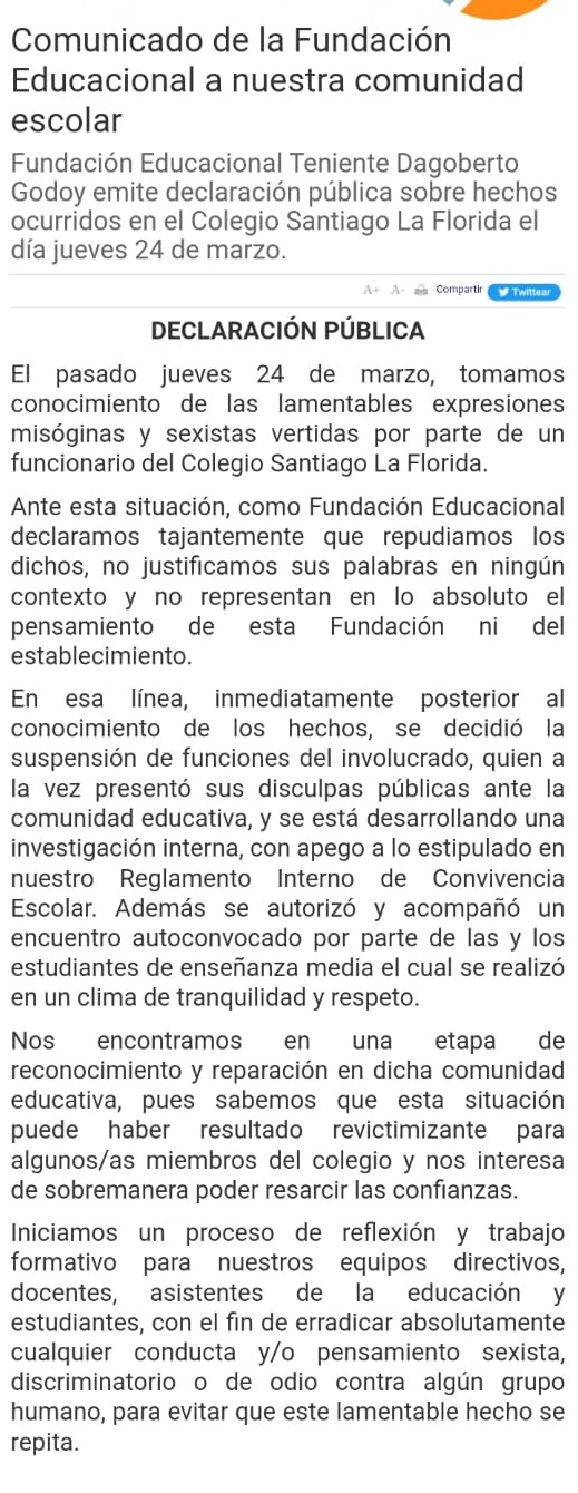 Comunicado Colegio Santiago La Florida